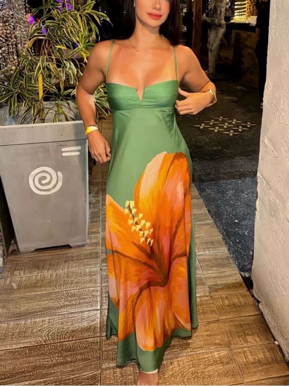 FARM Rio Green Maxi Dress with Orange Floral Print